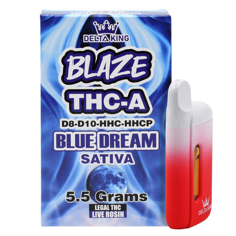 BLAZE THCA Vape in Blue Dream Sativa Strain Based Flavor. Prefilled with 5.5GR of D8, D10, HHC & HHCP Blend THC Oil