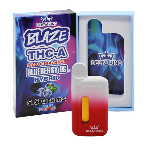 BLAZE THCA Vape in Blueberry OG Hybrid Strain Based Flavor. Prefilled with 5.5GR of D8, D10, HHC & HHCP Blend THC Oil