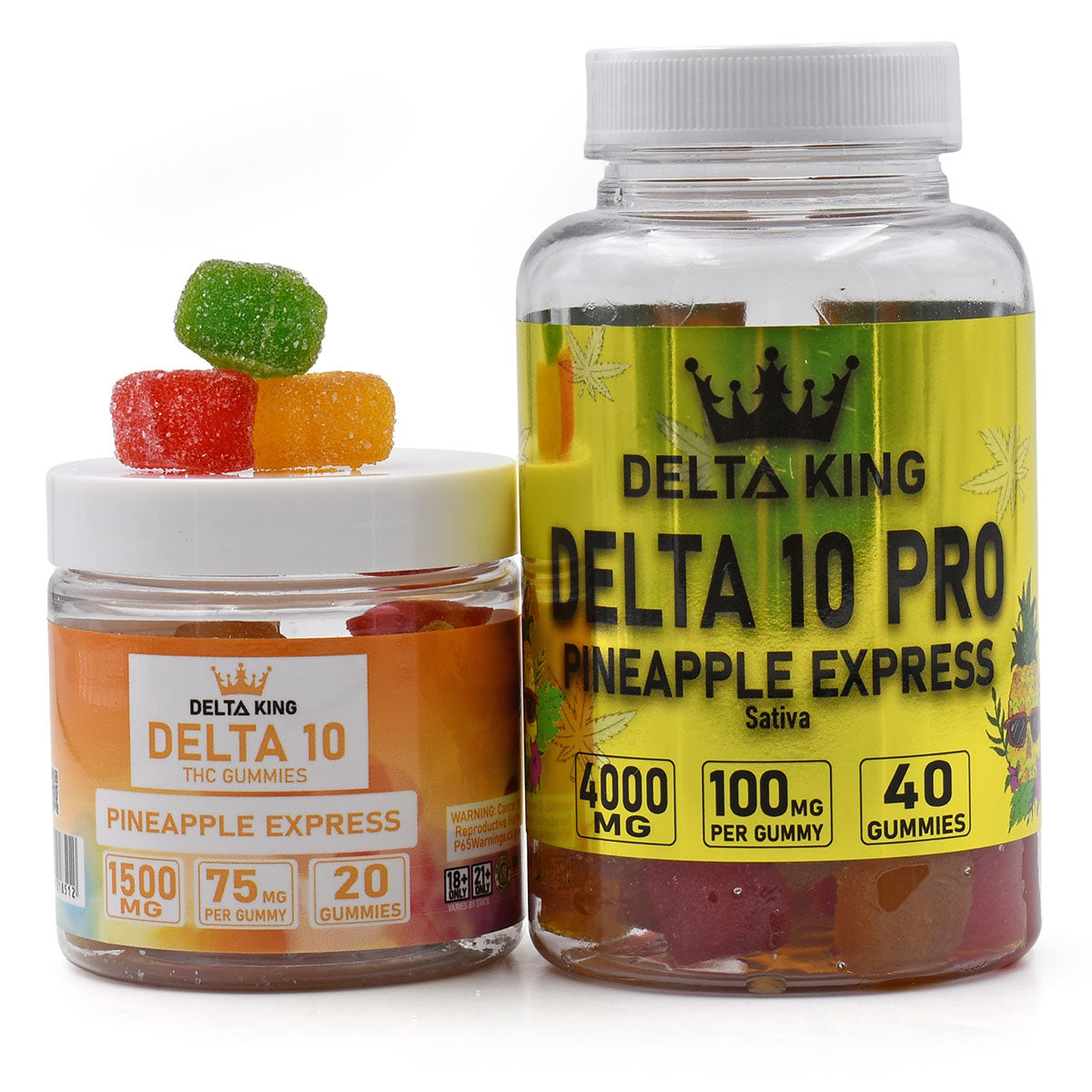 Delta 10 Gummies shown in 2 available sizes (20ct and 40ct) and strengths (75mg and 100mg per gummy) 