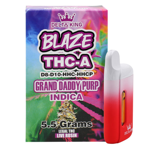 BLAZE THCA Vape in Grand Daddy Purple Indica Strain Based Flavor. Prefilled with 5.5GR of D8, D10, HHC & HHCP Blend THC Oil