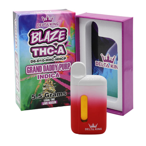 BLAZE THCA Vape in Grand Daddy Purple Indica Strain Based Flavor. Prefilled with 5.5GR of D8, D10, HHC & HHCP Blend THC Oil