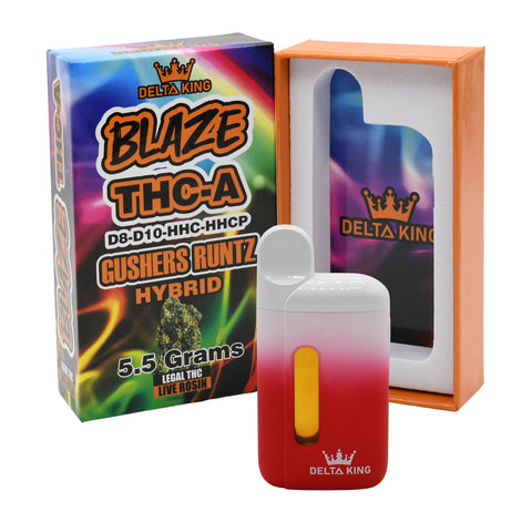 BLAZE THCA Vape in Gushers Runtz Hybrid Strain Based Flavor. Prefilled with 5.5GR of D8, D10, HHC & HHCP Blend THC Oil