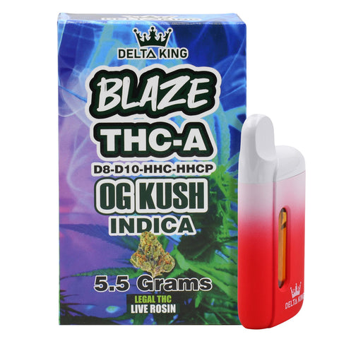 BLAZE THCA Vape in OG Kush Indica Strain Based Flavor. Prefilled with 5.5GR of D8, D10, HHC & HHCP Blend THC Oil