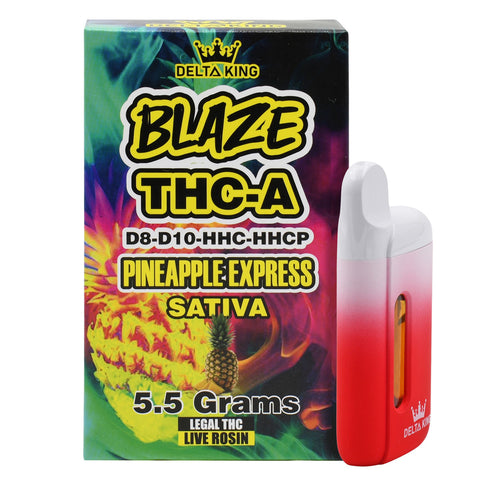 BLAZE THCA Vape in Pineapple Express Sativa Strain Based Flavor. Prefilled with 5.5GR of D8, D10, HHC & HHCP Blend THC Oil