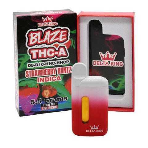 BLAZE THCA Vape in Strawberry Runtz Indica Strain Based Flavor. Prefilled with 5.5GR of D8, D10, HHC & HHCP Blend THC Oil