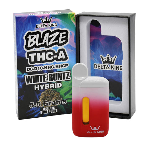 BLAZE THCA Vape in White Runtz Hybrid Strain Based Flavor. Prefilled with 5.5GR of D8, D10, HHC & HHCP Blend THC Oil
