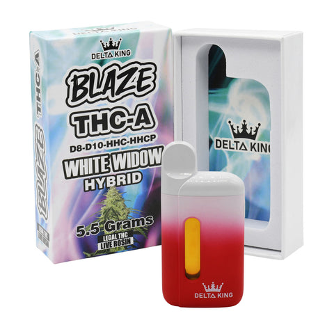 BLAZE THCA Vape in White Widow Hybrid Strain Based Flavor. Prefilled with 5.5GR of D8, D10, HHC & HHCP Blend THC Oil