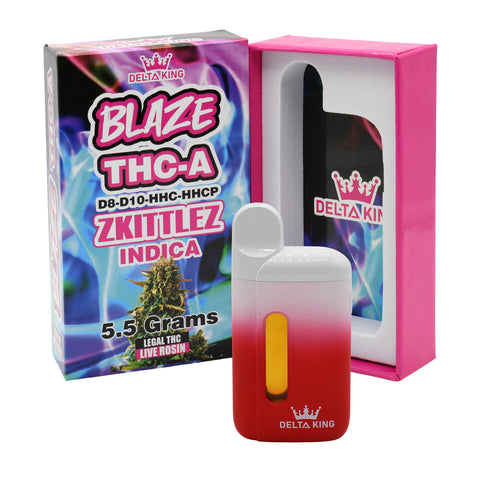 BLAZE THCA Vape in ZKittles Indica Strain Based Flavor. Prefilled with 5.5GR of D8, D10, HHC & HHCP Blend THC Oil