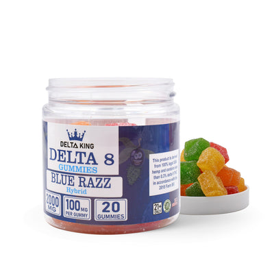 Delta 8 Gummies 20ct Open Jar Blue Razz Hybrid Strains