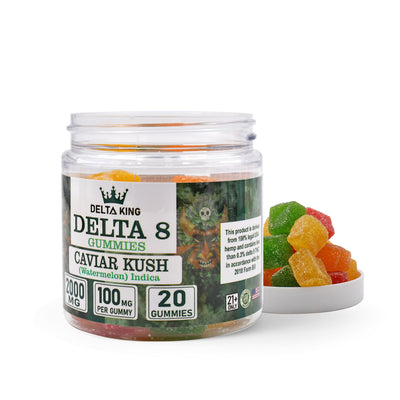 Delta 8 Gummies 20ct Open Jar Caviar Kush Indica Cannabis Strains