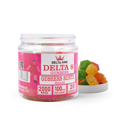 Delta 8 Gummies 20ct Open Jar Gushers Runtz Hybrid Strains