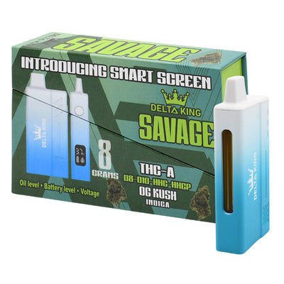 Front View Of THC A Pen with 8ml Oil Window at Front Of Savage OG Kush Packaging Box