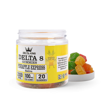 Pineapple ExpressDelta 8 Gummies 20ct Open Jar Sativa Cannabis Strains