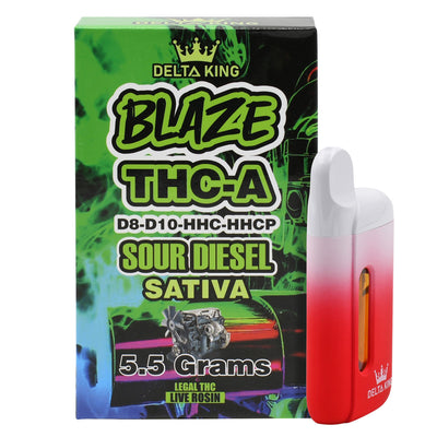 BLAZE THCA Vape in Sour Diesel Sativa Strain Based Flavor. Prefilled with 5.5GR of D8, D10, HHC & HHCP Blend THC Oil