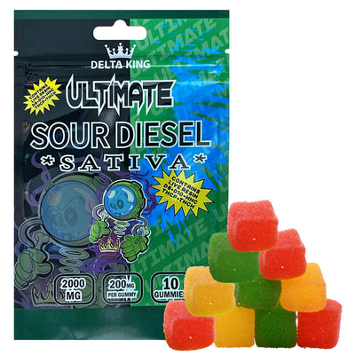 Sour Diesel Ultimate THC Gummies 10ct/bag, with 200mg delta 8 live resin + HHC + Delta 10 + THCP + THCH per gummy