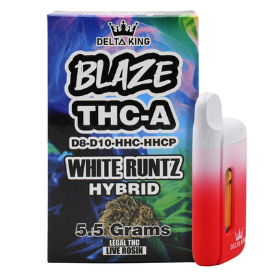 BLAZE THCA Vape in White Runtz Hybrid Strain Based Flavor. Prefilled with 5.5GR of D8, D10, HHC & HHCP Blend THC Oil